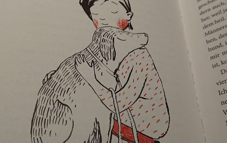 Illustration von Ulrike Möltgen aus dem Kinderbuch Bluma und das Gummischlangengeheimnis: Bluma und der Hund Flocki