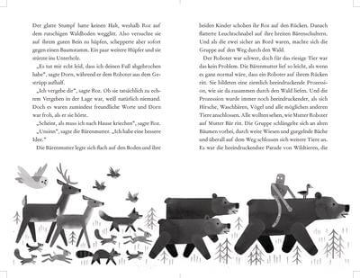 Doppelseite aus dem Kinderbuch: Das Wunder der wilden Insel. Der Roboter Roz mit allen Tieren.