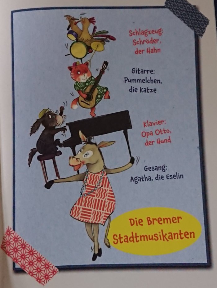 Die Bremer Stadtmusikanten, gezeichnet von Katja Jäger. Eine vitale Rentner-Gang.