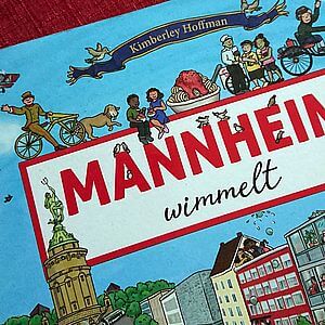 Laufrad und Spaghetti-Eis - beides wurde in Mannheim erfunden. Detail aus dem Wimmelbilderbuch Mannheim