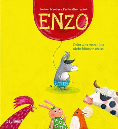 Bilderbuch-Cover: Esel Enzo mit rotem Luftballon auf knallgelbem Hintergrund