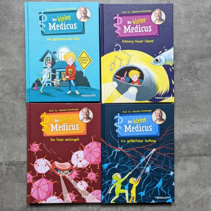Kinderbuch-Serie von Grönemeyer: Der kleine Medicus. Cover der ersten vier Bücher.